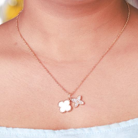 Rose Gold Necklace with Butterfly and Flower Pendants with Crystals