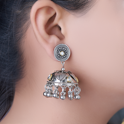 Silver Jhumka Earrings with Ghungroo Danglers & Kundan Work