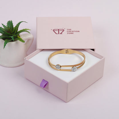 Crystal-Studded 14k Gold Bangle Bracelet, Open-End Design with Double Rhinestone Discs