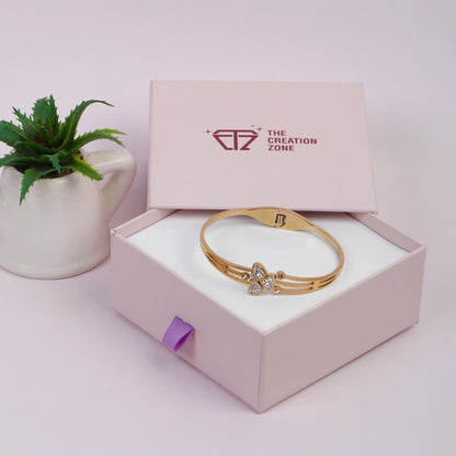 Crystal Heart Bangle Bracelet, 14k Gold-Plated with Rhinestones, Double Heart Design