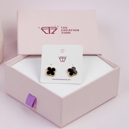 Elegant Clover-Shaped Stud Earrings, Black with 14k Gold-Tone