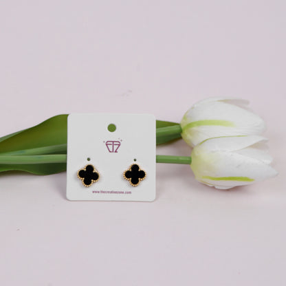 Elegant Clover-Shaped Stud Earrings, Black with 14k Gold-Tone