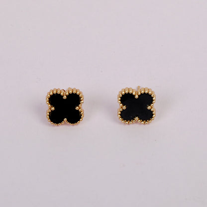 Elegant Clover-Shaped Stud Earrings, Black with 14k Gold-Tone