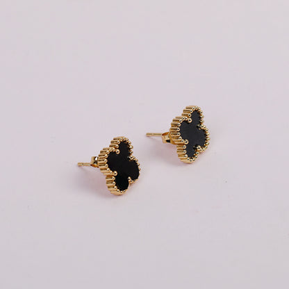 Elegant Clover-Shaped Stud Earrings, Black with 14k Gold-Tone