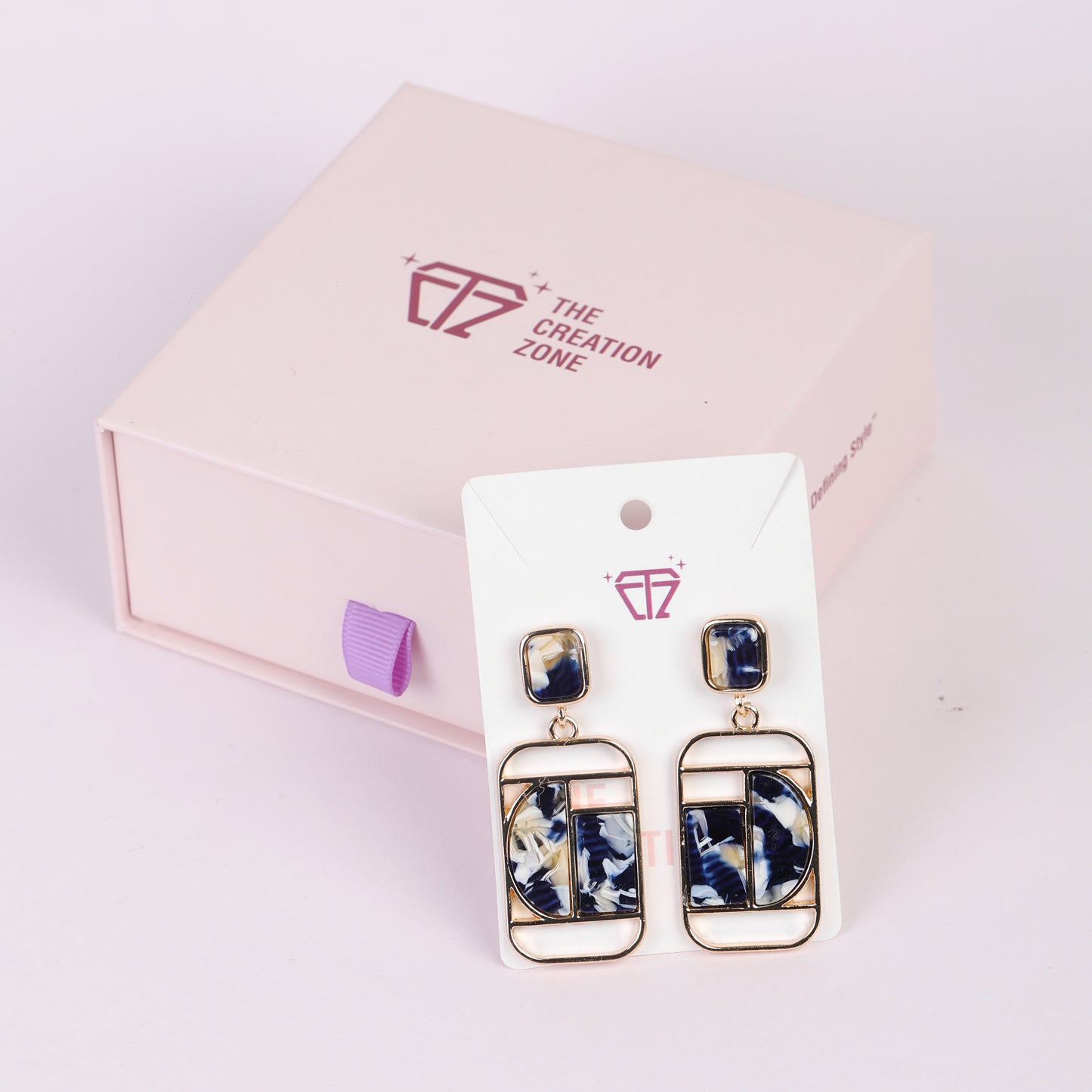 Geometric Drop Earrings, Navy Blue and White Marble Effect, 14k Gold-Tone Metal Frame