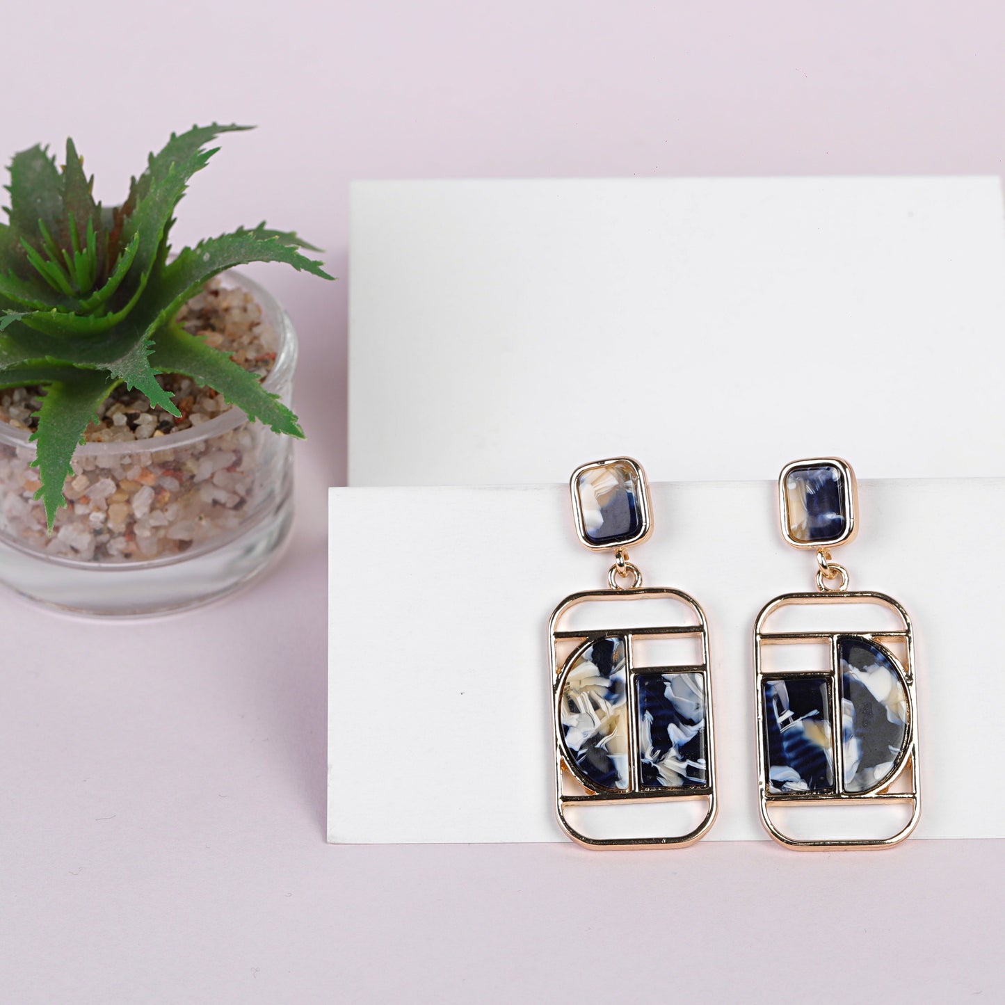 Geometric Drop Earrings, Navy Blue and White Marble Effect, 14k Gold-Tone Metal Frame