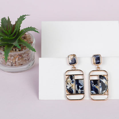 Geometric Drop Earrings, Navy Blue and White Marble Effect, 14k Gold-Tone Metal Frame