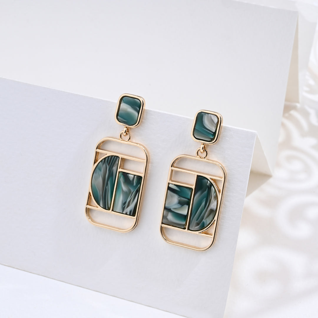 Rectangular Dangle Earrings with Green Resin Print