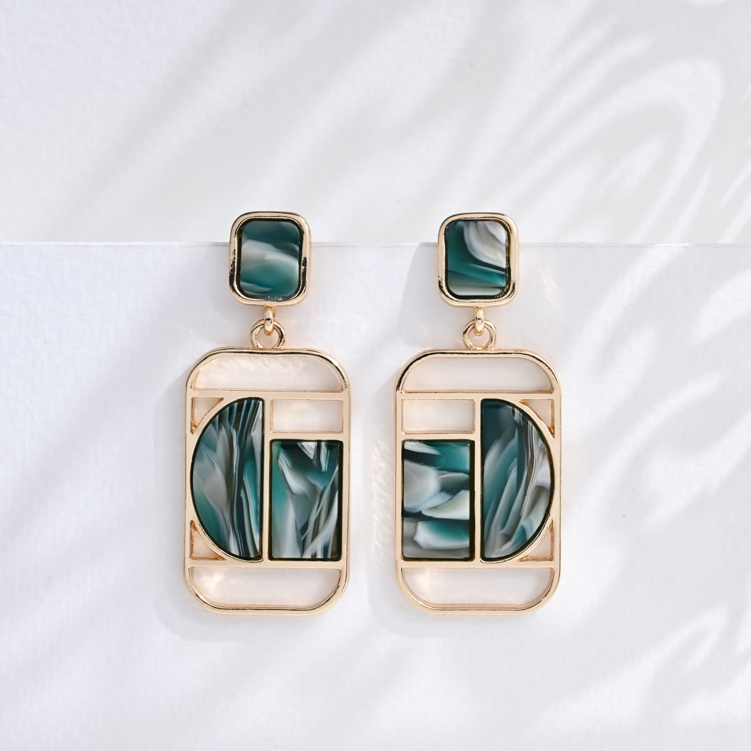 Rectangular Dangle Earrings with Green Resin Print