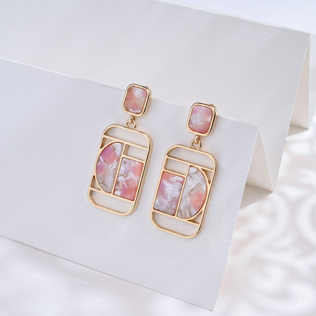 Rectangular Dangle Earrings with Resin Pink Floral Print