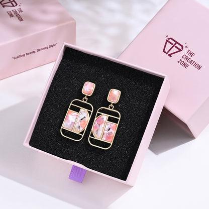 Rectangular Dangle Earrings with Resin Pink Floral Print