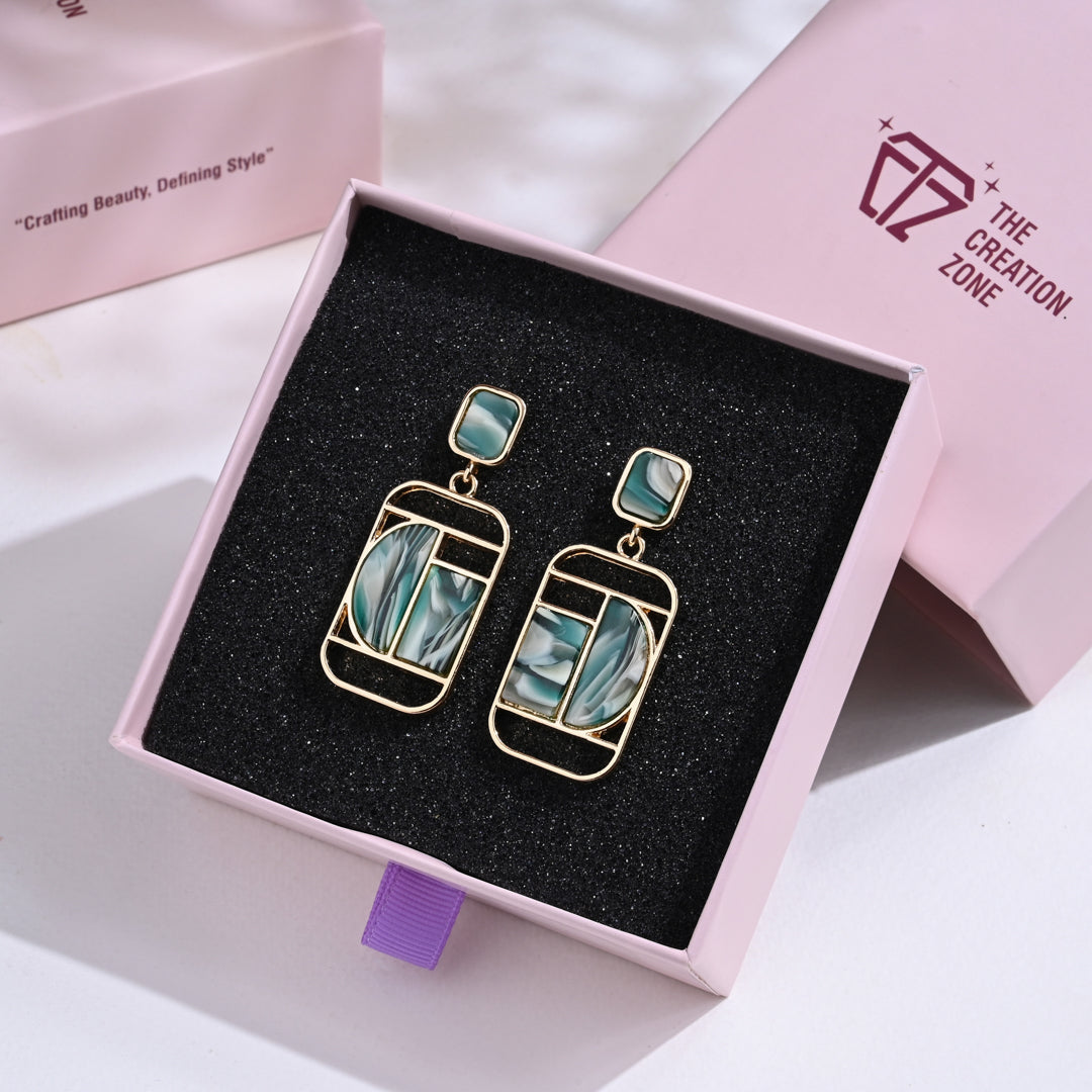 Rectangular Dangle Earrings with Green Resin Print