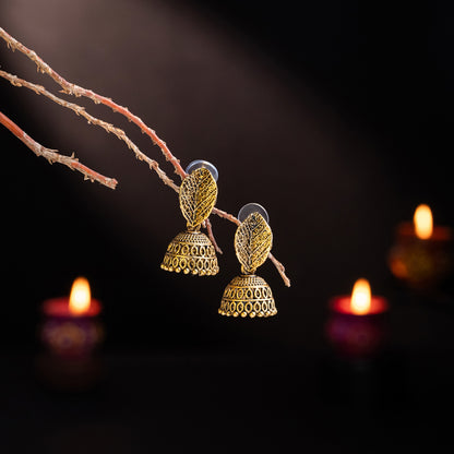 Antique Gold Jhumki Earrings with Intricate Filigree Design