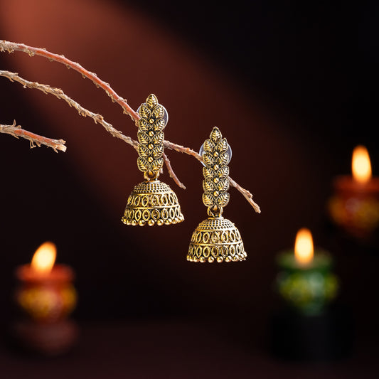 Antique Gold Jhumki Earrings with Intricate Ghungroo Design