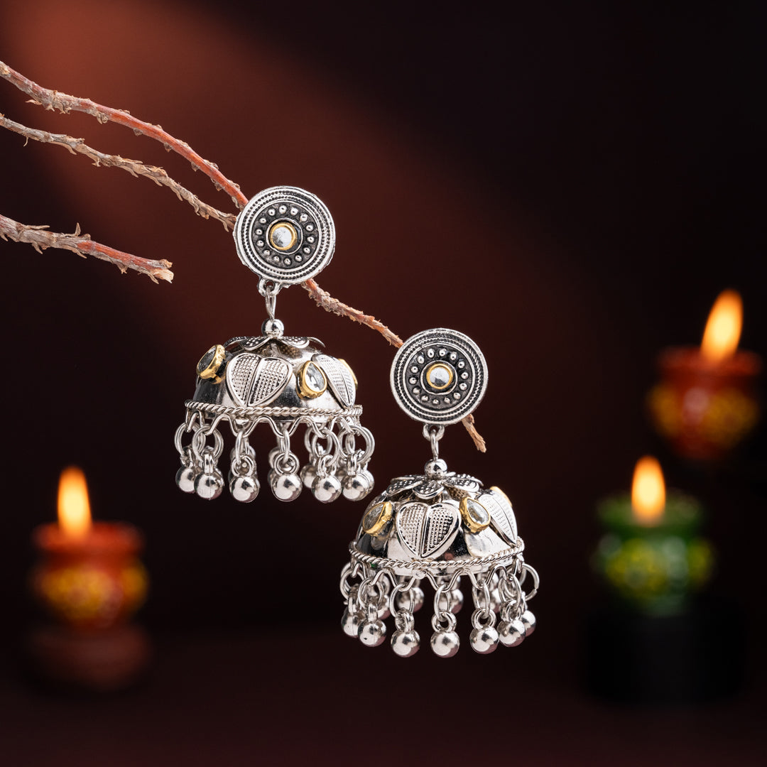 Silver Jhumka Earrings with Ghungroo Danglers & Kundan Work