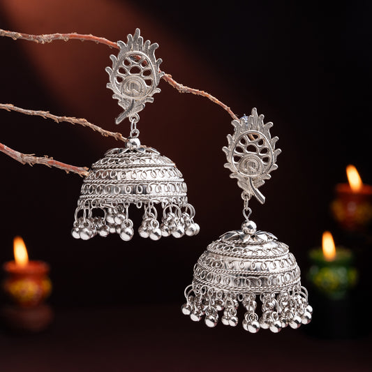 Silver Jhumka Earrings with Intricate Carvings & Ghungroo Danglers