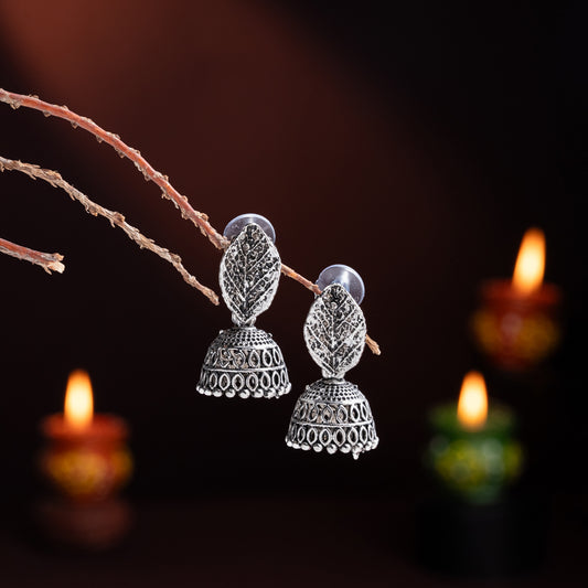 Silver Jhumki Earrings with Intricate Filigree Design