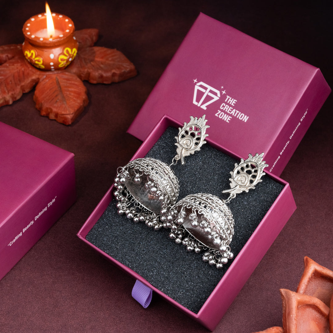 Silver Jhumka Earrings with Intricate Carvings & Ghungroo Danglers