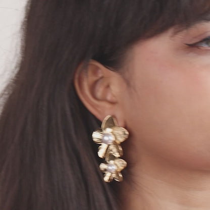 Floral Earrings with Pearl Accents, 14K Gold-Plated