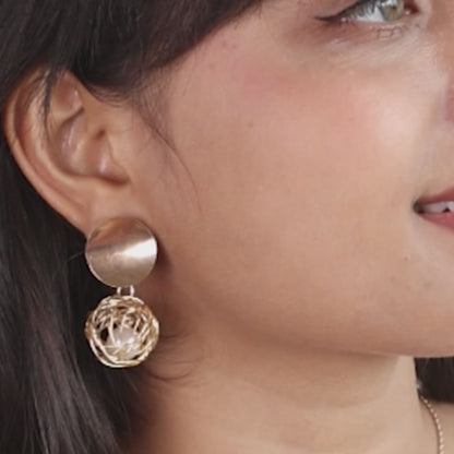 Gold-Toned Spherical Dangle Earrings with Wire Cage Design